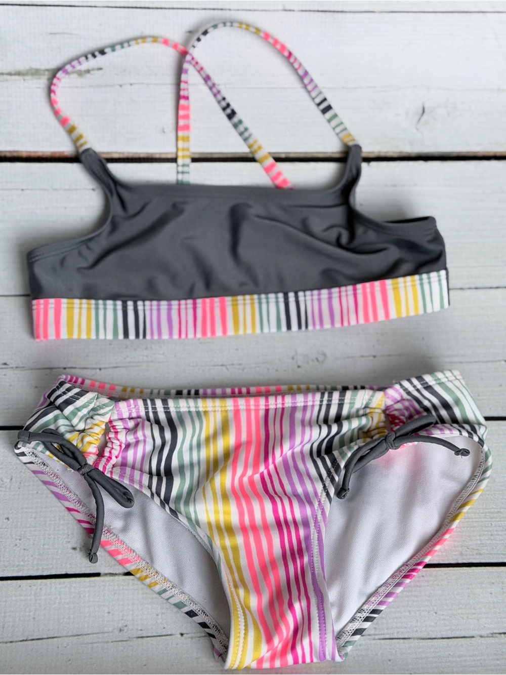 art class Gray Bikini with Pastel Stripe Trim